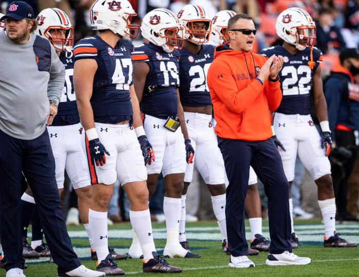 Auburn Tigers head coach Bryan Harsin during warm ups before Auburn Tigers take on Alabama Crimson Tide at Jordan-Hare Stadium in Auburn, Ala., on Saturday, Nov. 27, 2021.